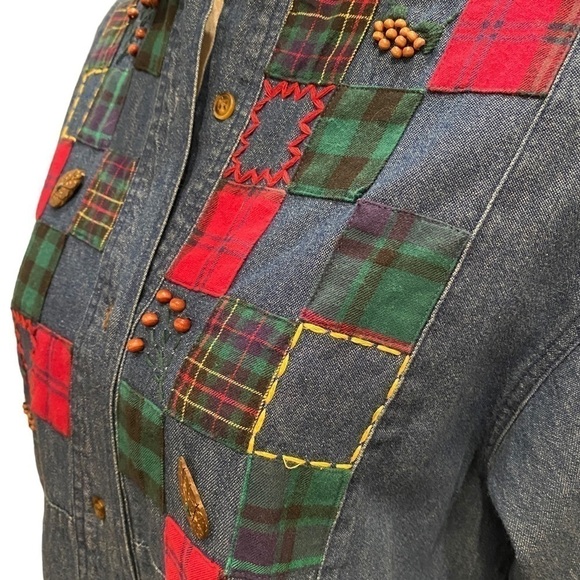 SUSAN BRISTOL Fall Denim Shirt Women Long Sleeve Tartan Patched Chambray Medium - Picture 11 of 14